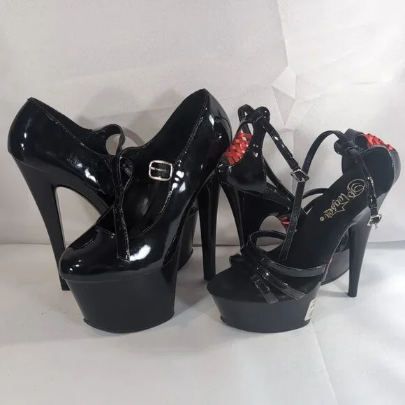 2 Pair Pleaser Heels 6 Delight 662 Corset Black Patent Mary Jane Dance Pole 6" - Picture 1 of 16